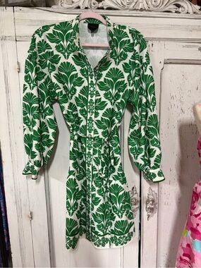 Alex Marie Green and White Printed Mini Shirt Dress